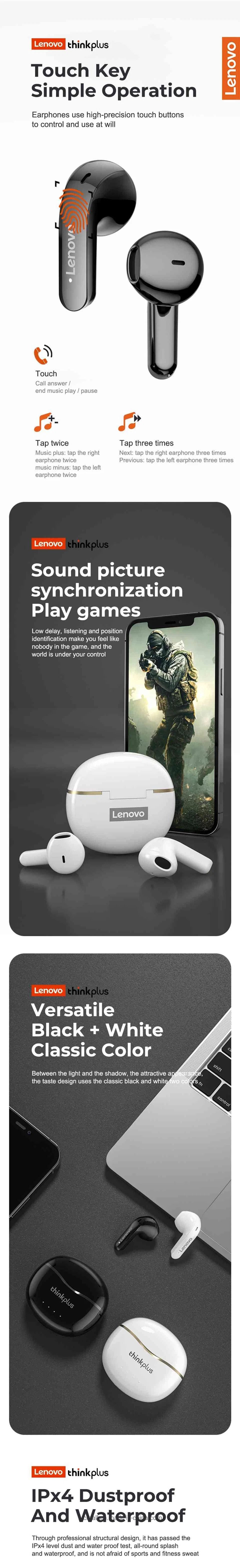 Lenovo Thinkplus X16 Wireless Bluetooth Earphones Touch Control Noise Reduction Headsets Tws Gaming Headphones - White